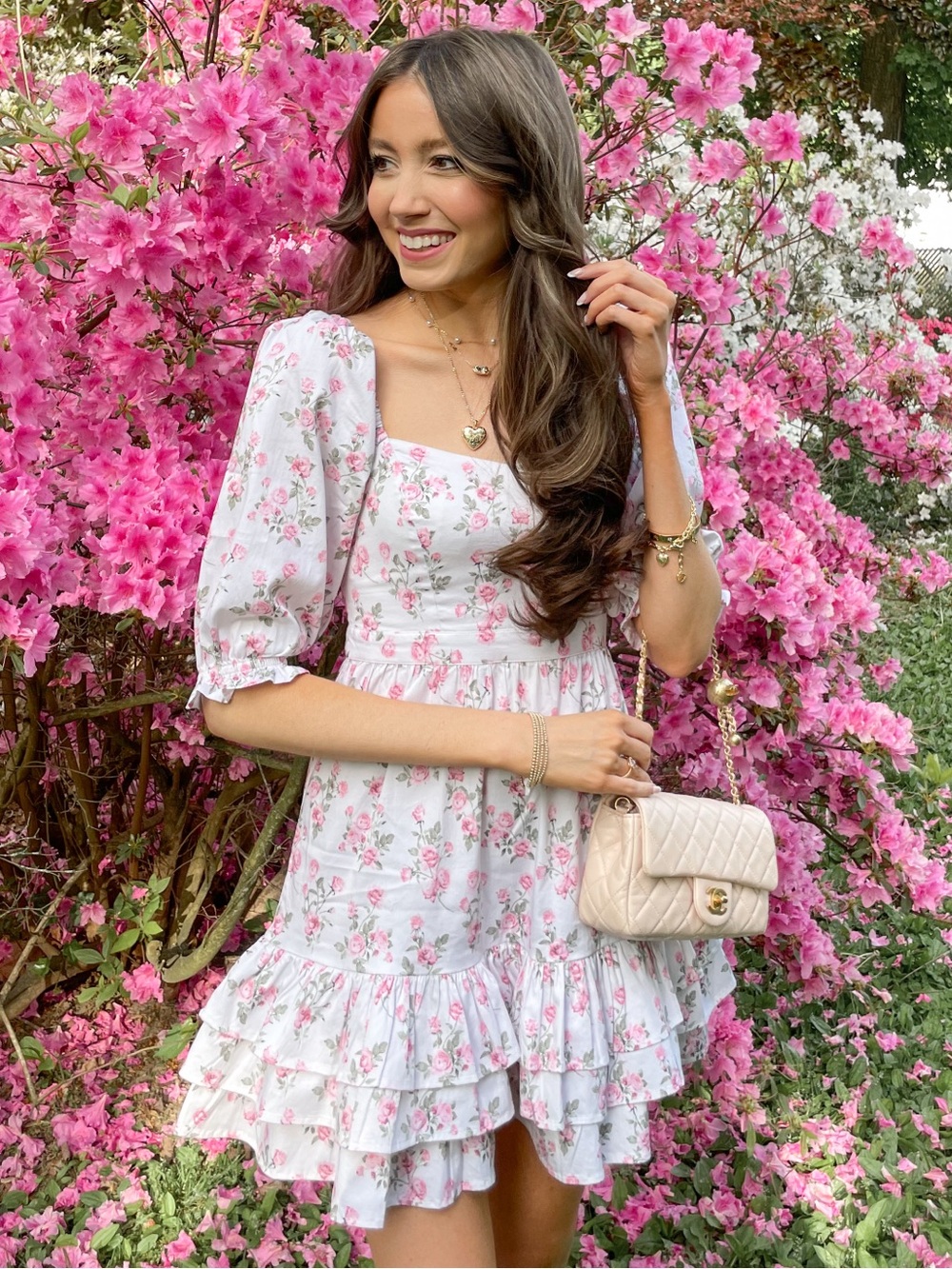 Rachel Parcell White Floral Puff Sleeve Mini Dress with Pink Roses